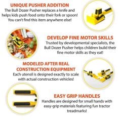 Cute toy construction tools and accessories, including a bulldozer pushers, gears, and tiny handles designed for kids to develop fine motor skills.