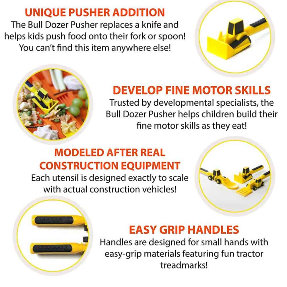 Cute toy construction tools and accessories, including a bulldozer pushers, gears, and tiny handles designed for kids to develop fine motor skills.
