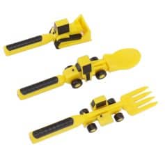 Bright yellow toy gardening tools for kids, including a rake, spade, and fork, with black accents, perfect for imaginative outdoor play and gardening activities.