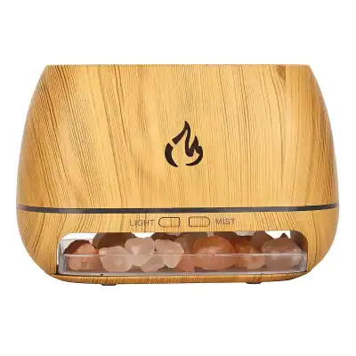 Elegant wooden aroma diffuser featuring Himalayan salt stones, mist option, and ambient light perfect for relaxation and air purification in homes or salons.