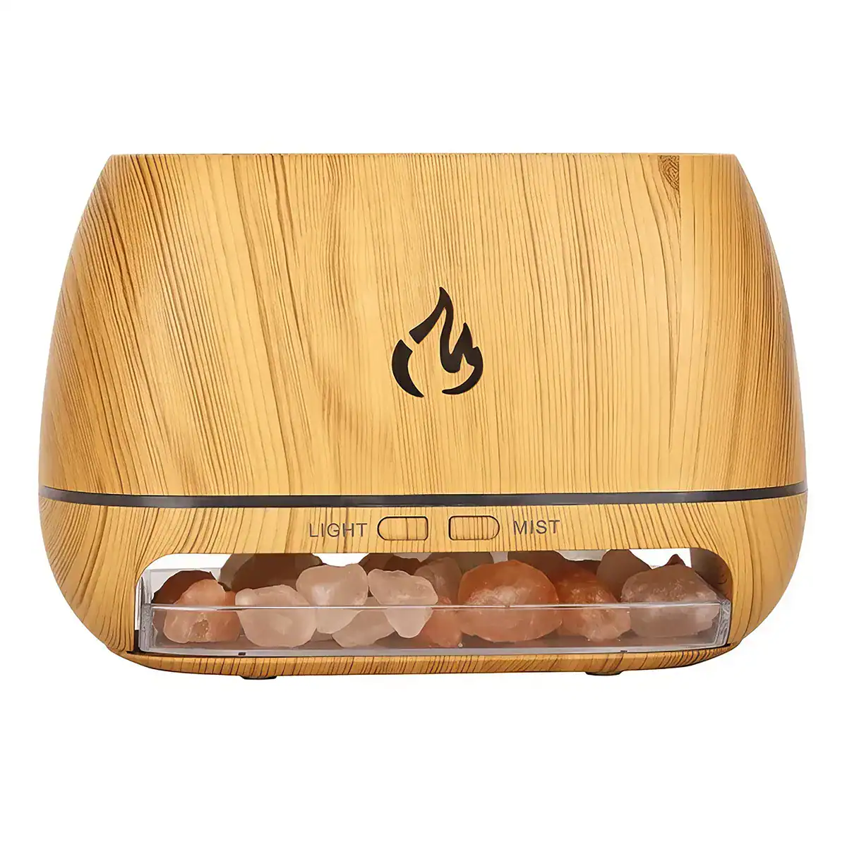 Elegant wooden aroma diffuser featuring Himalayan salt stones, mist option, and ambient light perfect for relaxation and air purification in homes or salons.
