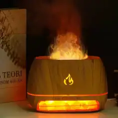 A modern wooden-style essential oil diffuser featuring a captivating flame-like light display and mist vapor, designed to create a calming and aromatic atmosphere in any space.