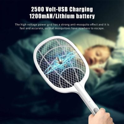 Electric mosquito racket with 2500V USB charging and 1200mAh lithium battery for effective mosquito control.