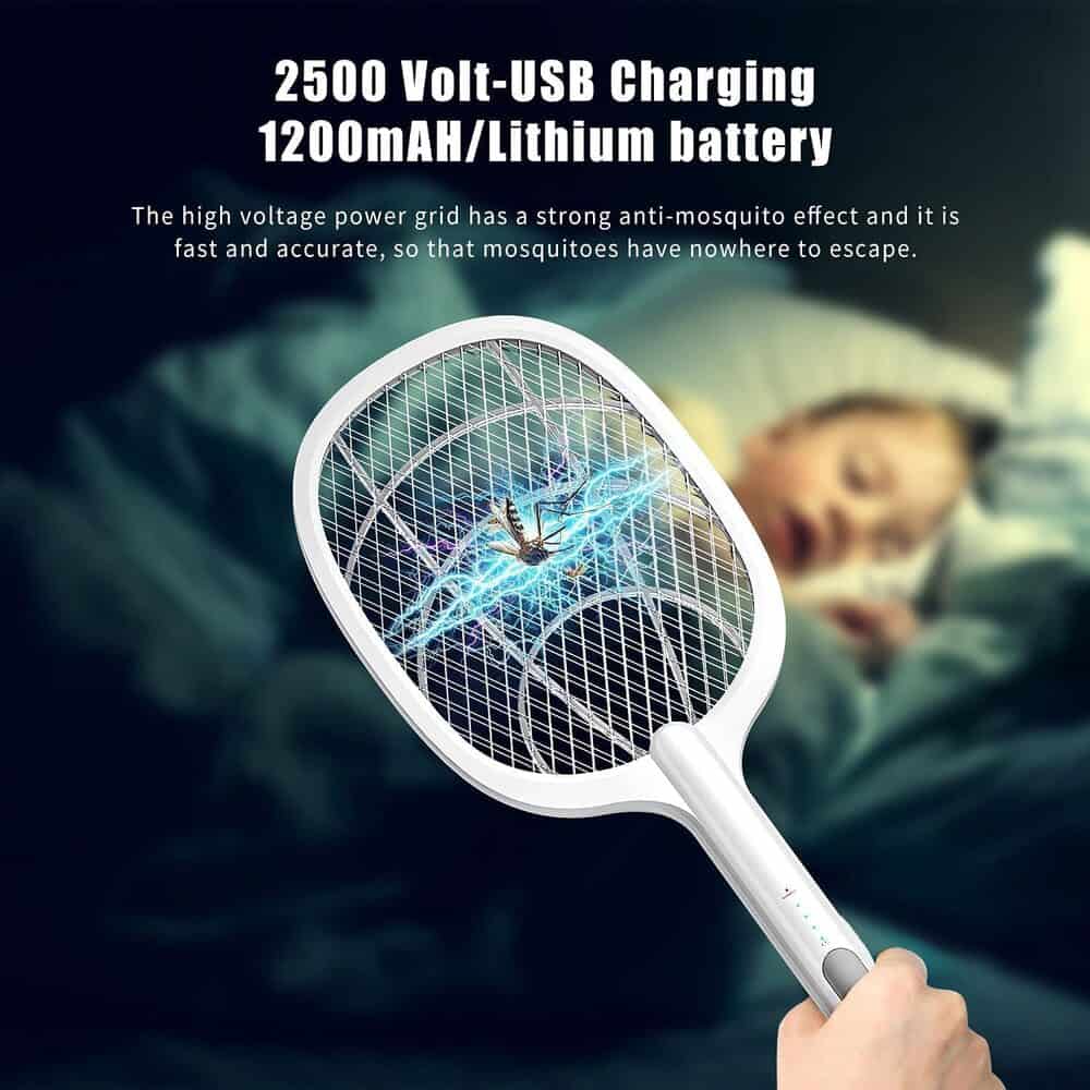 Electric mosquito racket with 2500V USB charging and 1200mAh lithium battery for effective mosquito control.