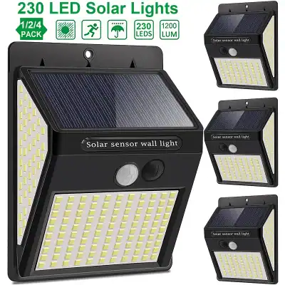 High-efficiency solar sensor wall light with 230 LEDs, motion detection, waterproof design, and energy-saving features for enhanced outdoor illumination.