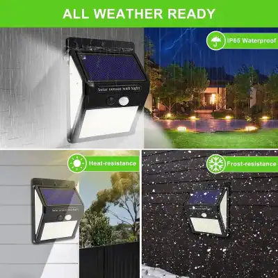 Outdoor solar sensor wall light with waterproof/IP65, heat, and frost resistance, ideal for garden, pathway, and exterior lighting. Durable, energy-efficient, weatherproof LED lighting solution.