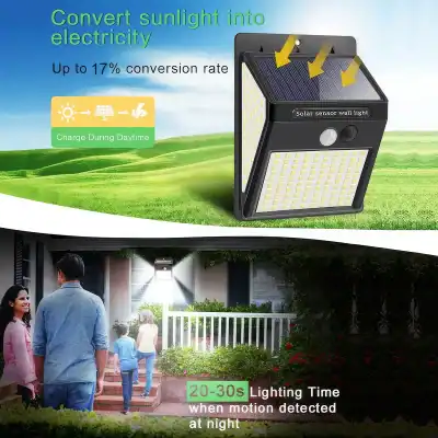 Solar security light with motion sensor, waterproof outdoor lighting, energy-efficient LED, suitable for home security, garden, and patio illumination.
