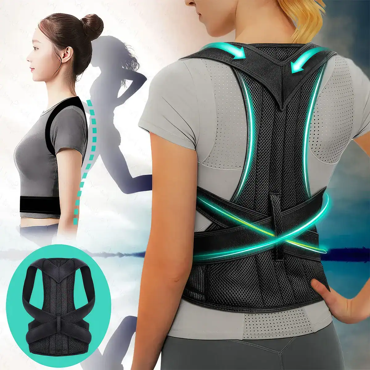 Flexible ergonomic back brace with LED lights for posture support and pain relief.