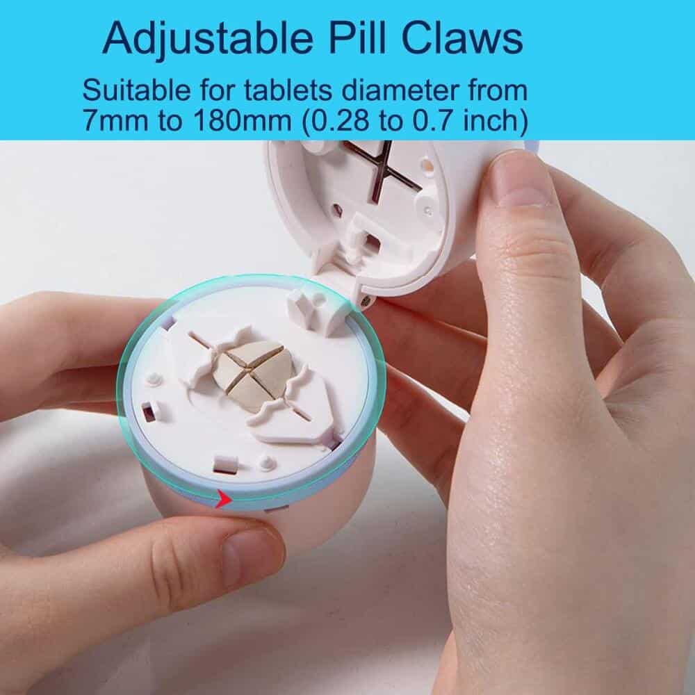 Medical pill organizer with adjustable clamping system suitable for tablets from 7mm to 180mm diameter, ideal for secure medication management.