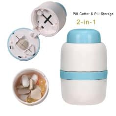Compact pill cutter and storage container for daily medication needs, ideal for travel and home use.