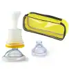 Portable rescue breathing mask with pediatric and adult filters, yellow carrying case, ideal for first aid, CPR, emergency response, and medical training.