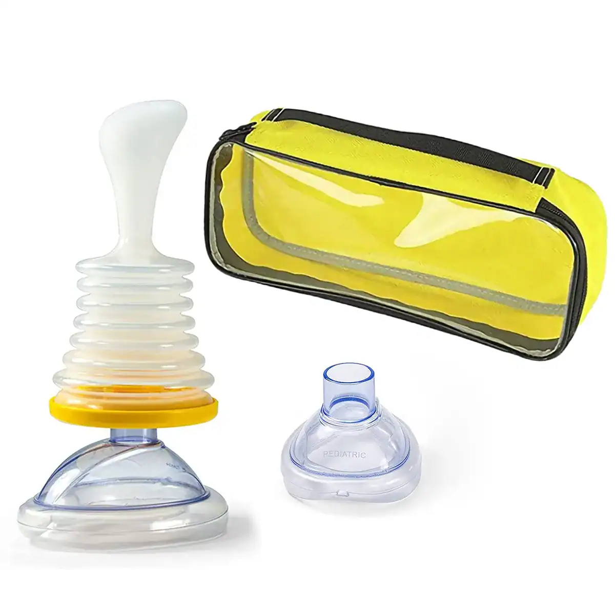 Portable rescue breathing mask with pediatric and adult filters, yellow carrying case, ideal for first aid, CPR, emergency response, and medical training.