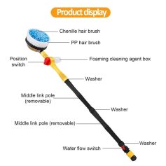 Optical cleaning brush set includes chenille and PP hair brushes with removable middle link poles, water flow switch, washers, and foaming cleaning agent box for precise cleaning of optical devices.