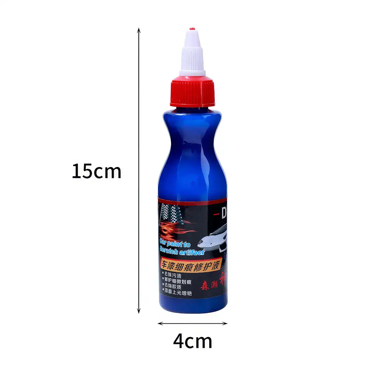 A blue and red bottle of car scratch repair oil, designed to fix and restore automotive paint scratches and artifacts. Perfect for maintaining the appearance of your vehicle.