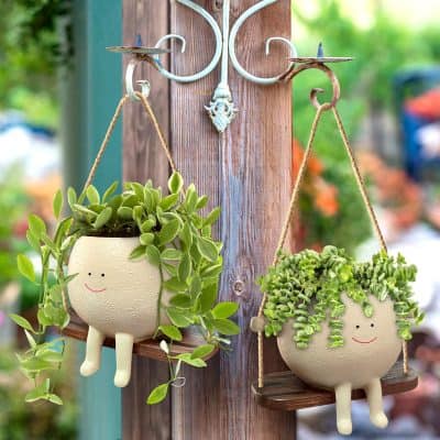 Adorable hanging plant pots with smiling faces, perfect for indoor or outdoor decor, featuring lush green plants in charming containers.