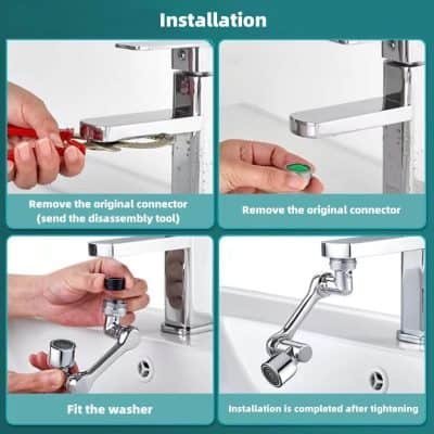 Easy-to-understand steps for installing a kitchen faucet, including removing the original connector, fitting the washer, and completing installation with proper tightening for optimal performance.