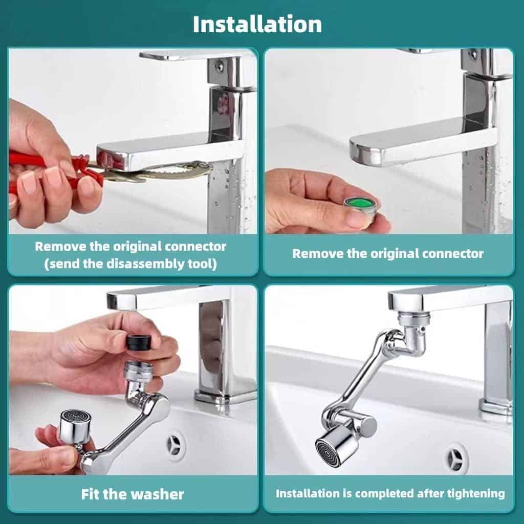 Easy-to-understand steps for installing a kitchen faucet, including removing the original connector, fitting the washer, and completing installation with proper tightening for optimal performance.