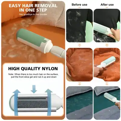 Gentle hair removal device for fabrics and upholstery, suitable for home and salon use, with high-quality nylon surface, easy to operate, with before and after cleaning visuals.