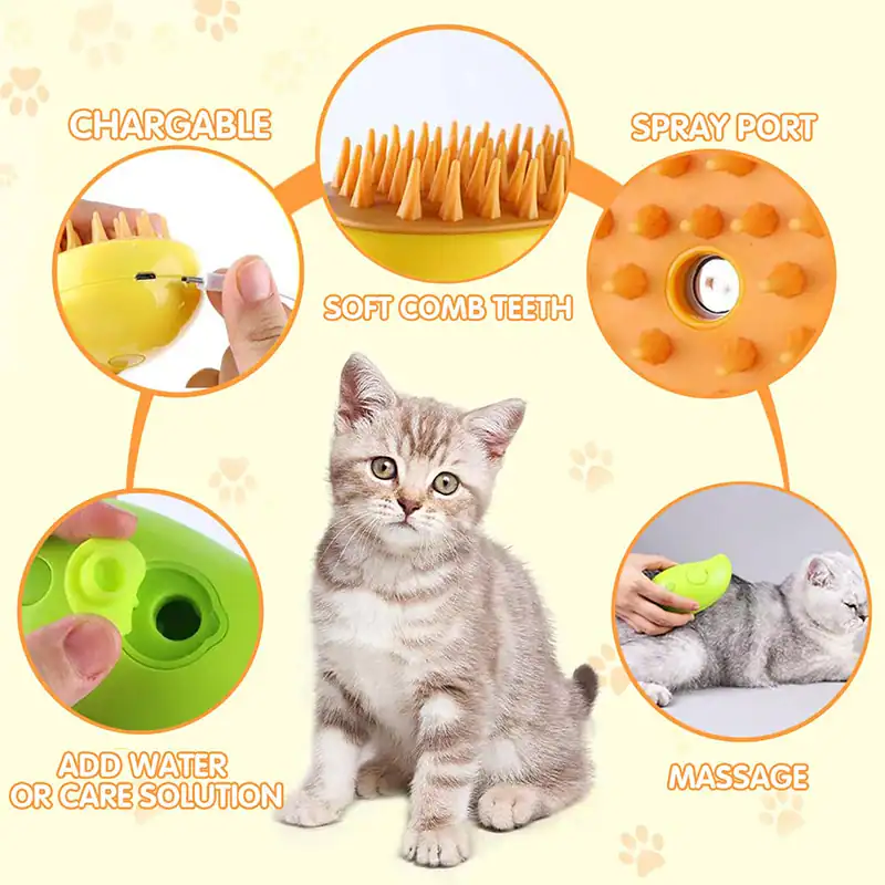 Portable pet massage tool with soft comb teeth, spray port, and rechargeable battery for calming and grooming pets. Easy to add water or care solution for better pet care.