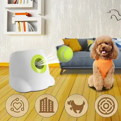 A small white pet hair air purifier emitting clean air with a glowing green ring, situated in a cozy living room with a playful dog and tennis ball. Perfect for pet owners seeking fresh indoor air quality solutions.