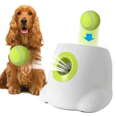 Tennis ball being dispensed from a pet ball launcher device, ideal for dog training and outdoor fetch games, designed for easy use and fun play.