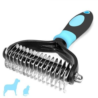 Durable dog grooming rake for shedding control, suitable for all dog breeds, easy to use, and effective in removing loose fur. Keep your pet's coat healthy and tangle-free.
