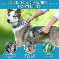 Dog grooming brush, pet grooming rake, and de-shedding brush for dogs and cats, effective fur removal, reduces shedding, promotes healthy coat, easy to use.