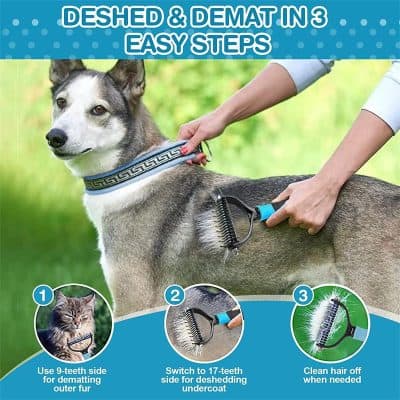 Dog grooming brush, pet grooming rake, and de-shedding brush for dogs and cats, effective fur removal, reduces shedding, promotes healthy coat, easy to use.