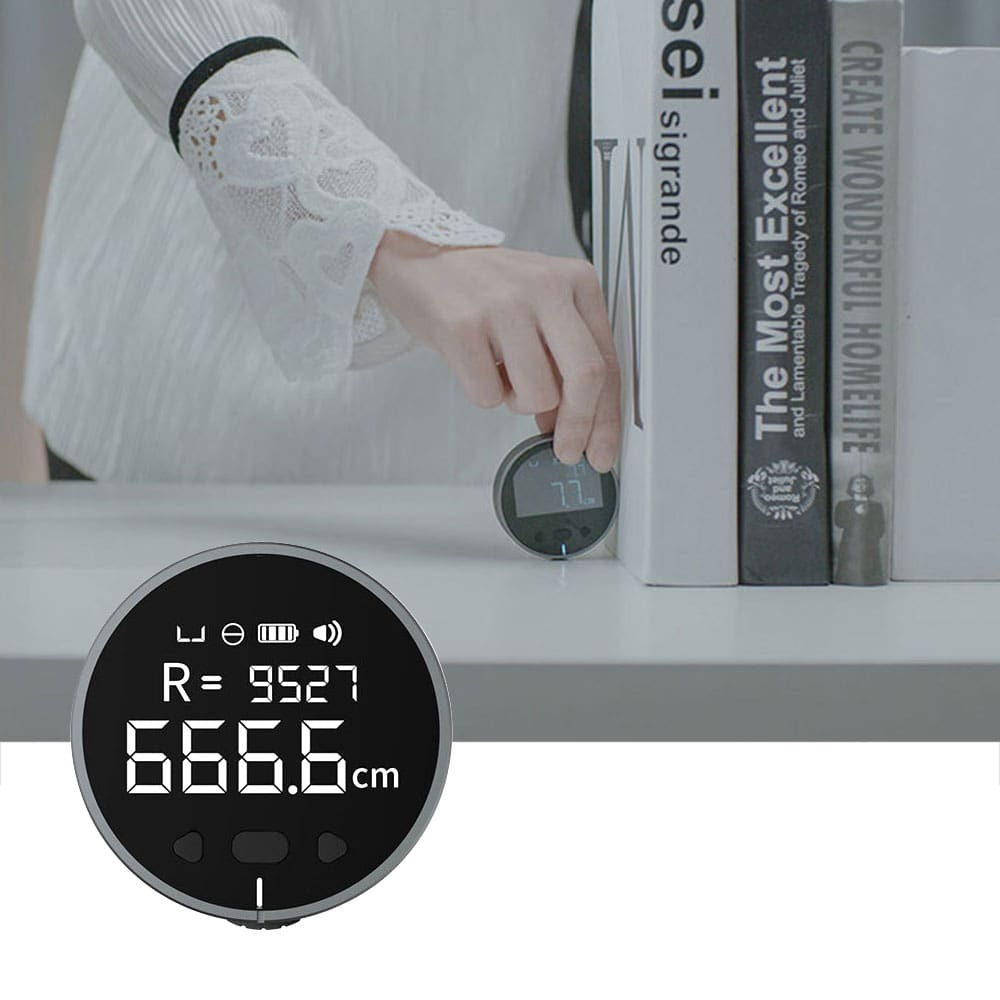 Close-up of a person using a digital thermometer to measure height, with books in the background, showcasing medical and health equipment from Monalisa Store.