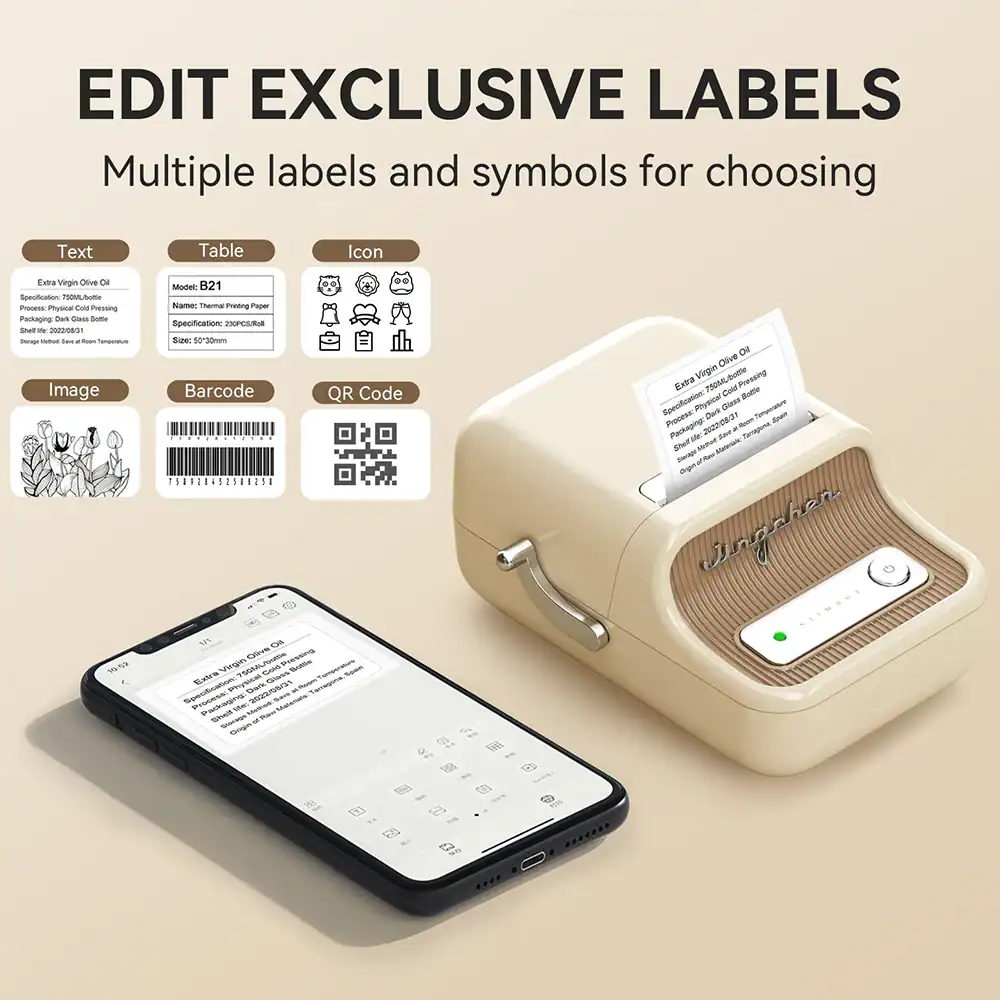 Compact label printer for customized labels, barcodes, and QR codes, perfect for medical and retail settings. Compatible with smartphones and various label types for efficient organization and tracking.
