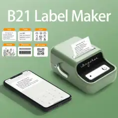Alt text: High-quality label maker device with smartphone connectivity, used for creating product labels and barcodes for medical or retail purposes, featuring a sleek design and easy-to-use interface.
