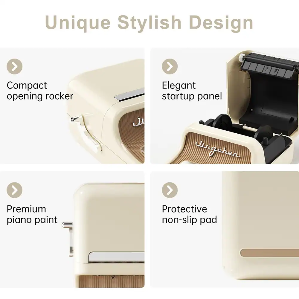 Compact opening rocker for optical devices, elegant startup panel, premium piano paint finish, and protective non-slip pad enhance user experience and device aesthetics.