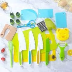 Brightly colored kitchen utensils and child-friendly cutting tools for safe, fun cooking and baking experiences. Includes scissors, peelers, knives, spatulas, and more in playful designs perfect for family activities.