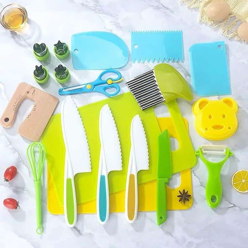 Brightly colored kitchen utensils and child-friendly cutting tools for safe, fun cooking and baking experiences. Includes scissors, peelers, knives, spatulas, and more in playful designs perfect for family activities.
