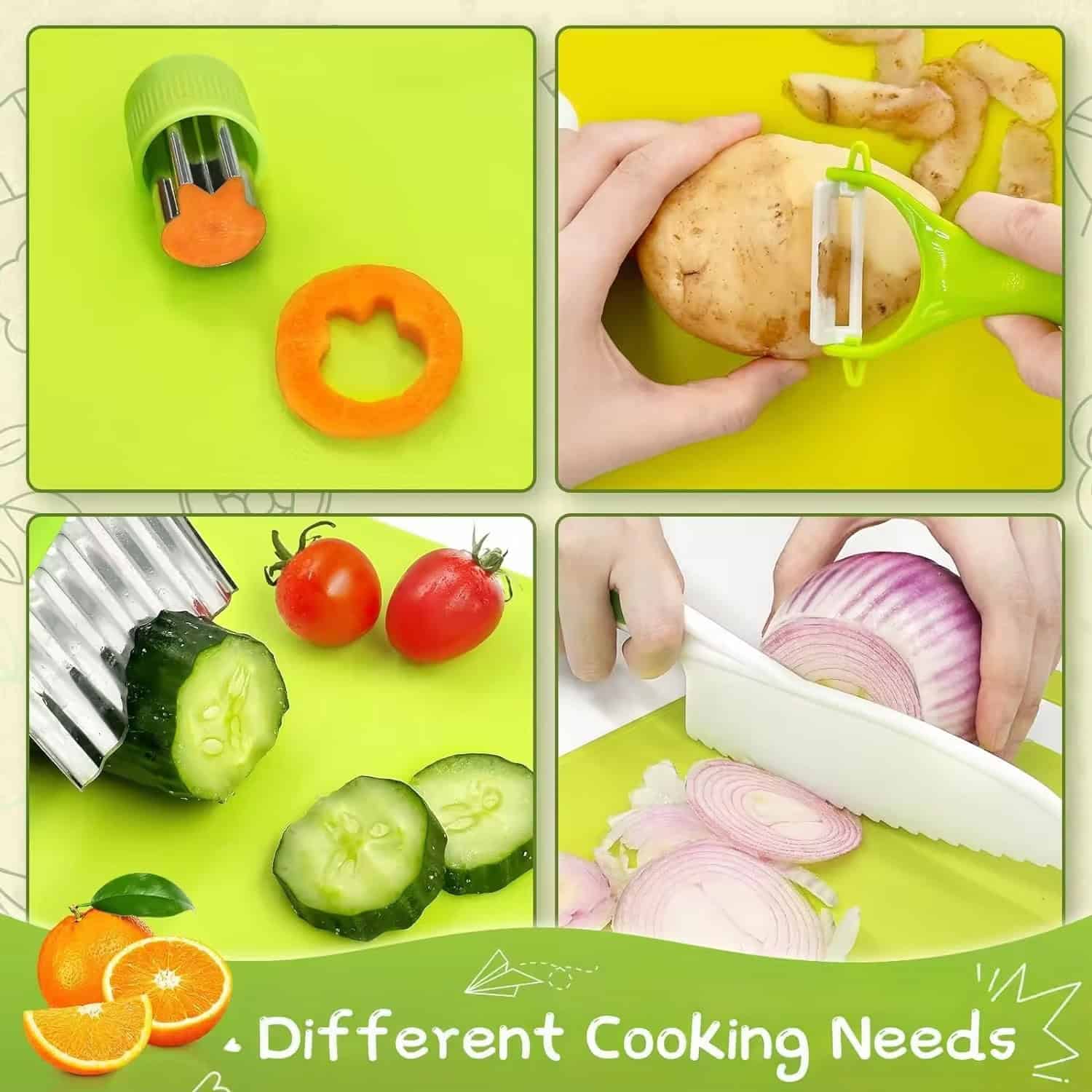 Bright store display of kitchen tools and fresh vegetables, emphasizing eye health accessories and kitchen essentials.