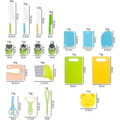 Images of colorful kitchen and craft tools, including cookie cutters, scissors, graters, and chopping boards, perfect for baking and home organization.