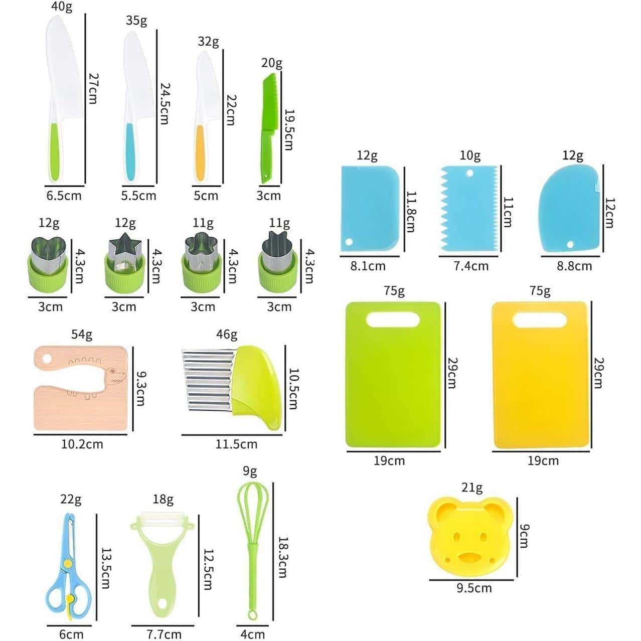 Images of colorful kitchen and craft tools, including cookie cutters, scissors, graters, and chopping boards, perfect for baking and home organization.