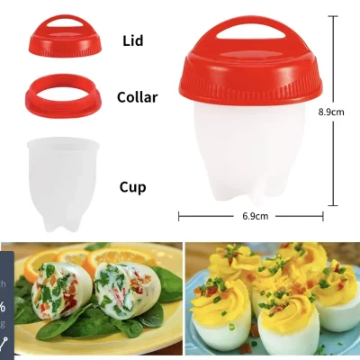 Red and white egg cutter with lid and collar, ideal for slicing soft-boiled eggs easily, measuring approximately 8.9cm in height and 6.9cm in width. Perfect for preparing salads, appetizers, and snacks efficiently.