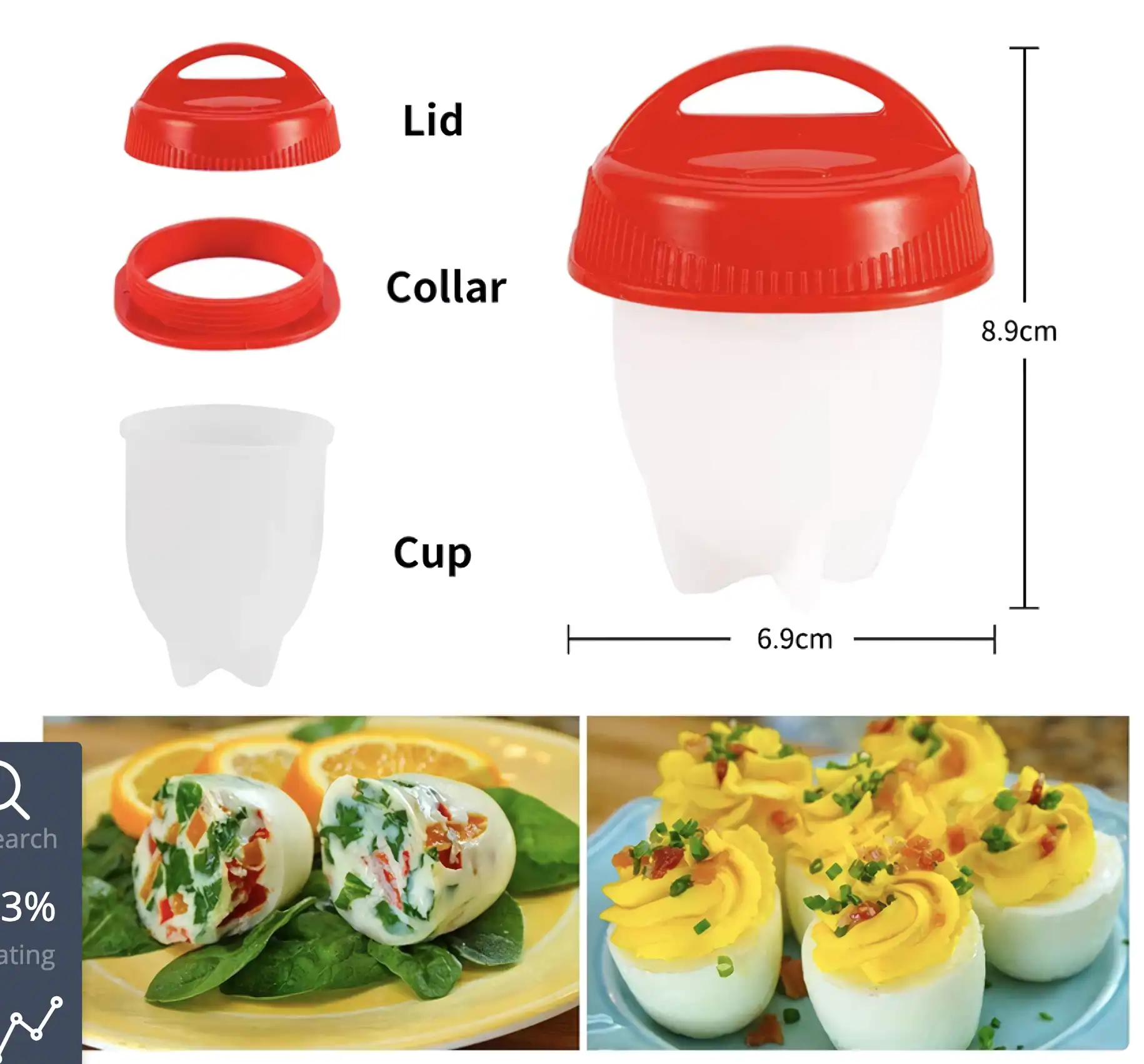 Red and white egg cutter with lid and collar, ideal for slicing soft-boiled eggs easily, measuring approximately 8.9cm in height and 6.9cm in width. Perfect for preparing salads, appetizers, and snacks efficiently.