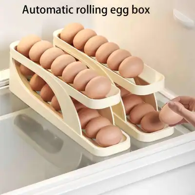 Egg storage with automatic rolling egg box for fresh, organized eggs in a modern kitchen or grocery store.