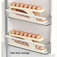 Egg storage organizer with multiple compartments in a refrigerator door for easy access and preservation.