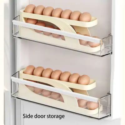 Egg storage organizer with multiple compartments in a refrigerator door for easy access and preservation.