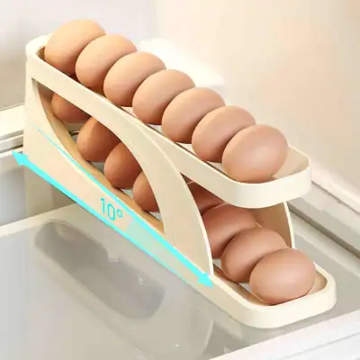 A wooden egg storage rack shown holding a dozen eggs, adjustable to a 10° angle, ideal for medical and laboratory environments, featuring durable construction and ergonomic design.
