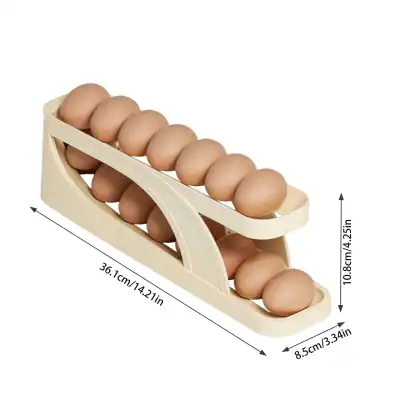 Wooden egg holder with two tiers, designed for storing and organizing eggs safely. Fits up to 10 eggs per row, measuring 36.1cm x 8.5cm x 10.8cm, ideal for kitchen or refrigerator storage.