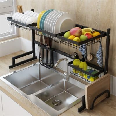 Versatile dish drying rack with multiple levels for plates, bowls, fruits, and cleaning supplies. Perfect for optimizing kitchen organization and storage solutions.