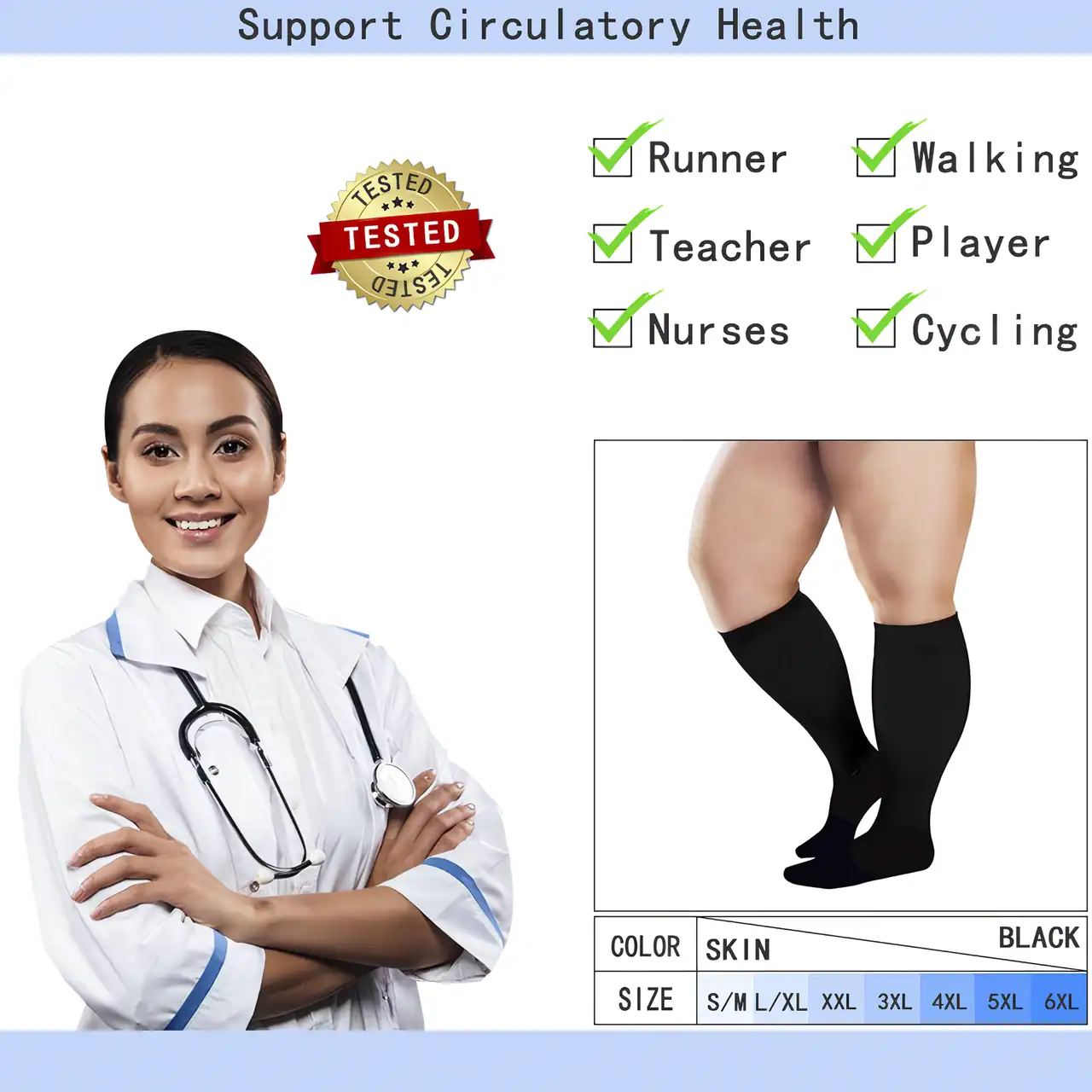 High-quality compression stockings for improved circulation, suitable for nurses, runners, walkers, teachers, players, cycling enthusiasts, and those with medical needs. Tested and trusted.