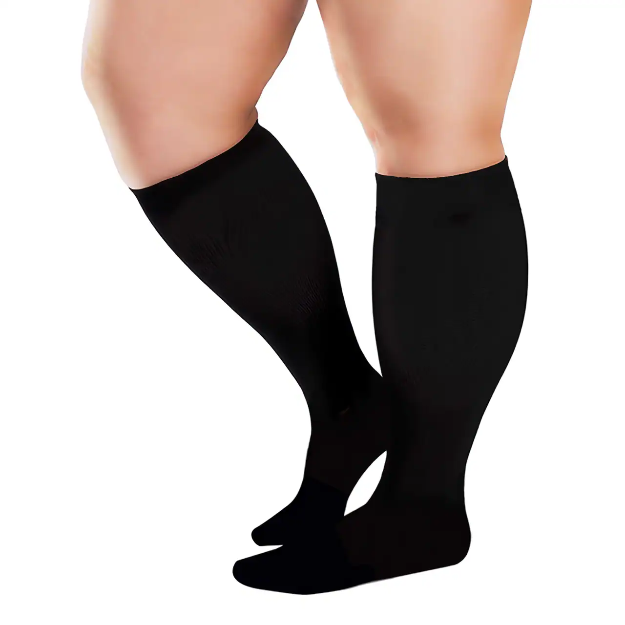 Comfortable black thigh-high compression stockings for improved circulation and support. Ideal for medical, athletic, or everyday wear to promote healthy blood flow.