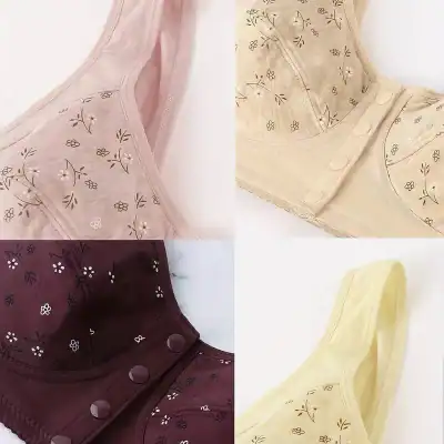 Comfortable floral-patterned post-surgical bras in pastel pink, beige, burgundy, and yellow, designed for women after breast surgery, offering support and style.
