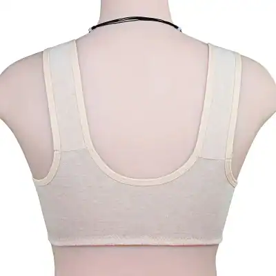 High-quality beige medical bra designed for post-surgical recovery and comfort, with wide straps and breathable fabric, perfect for sensitive skin and medical needs.