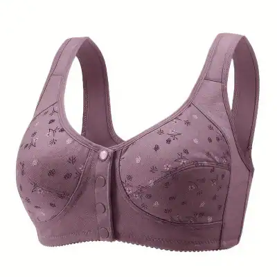 Stylish post-surgical bra with floral pattern, designed for comfort and support after breast surgery. Features easy-to-use front clasp and soft fabric for everyday wear.